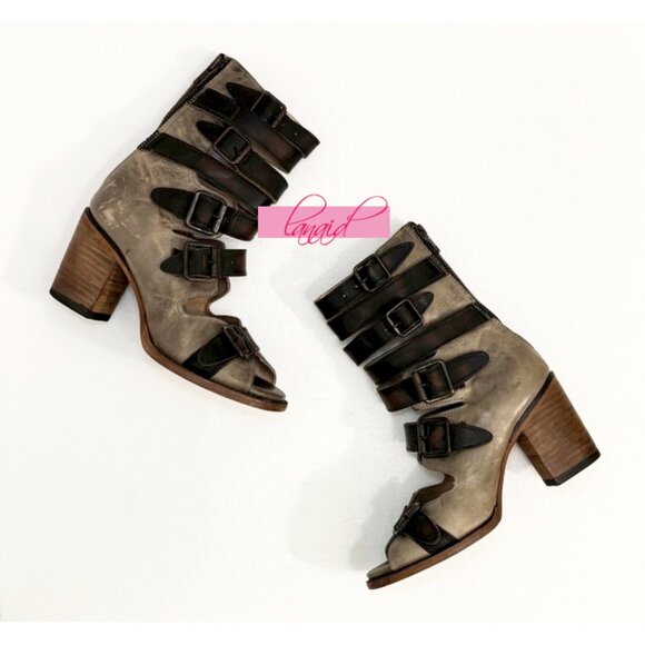 Freebird Steven Bond Stone Leather Distressed Strappy Edgy Buckles Ankle Chunky - Picture 13 of 16